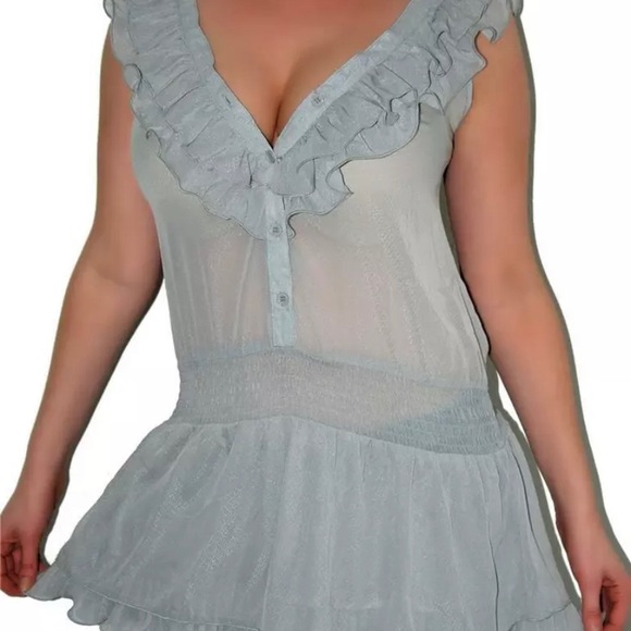 Grey Button-Up Ruffled Smocked Semi-sheer Tunic - Picture 5 of 7